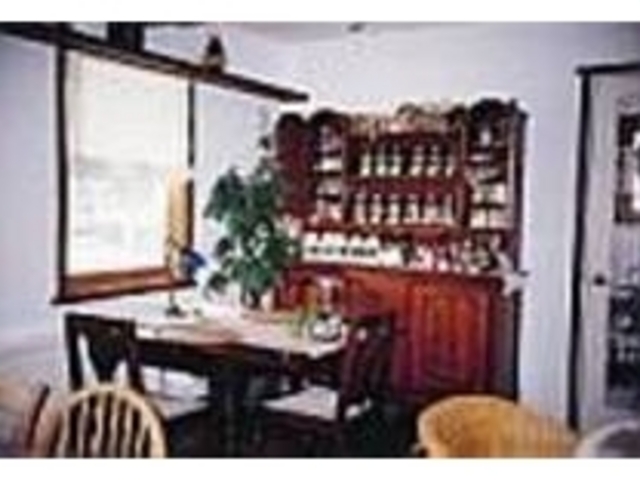 木の梁と漆食、アンティーク家具のある店内_Blue Bell