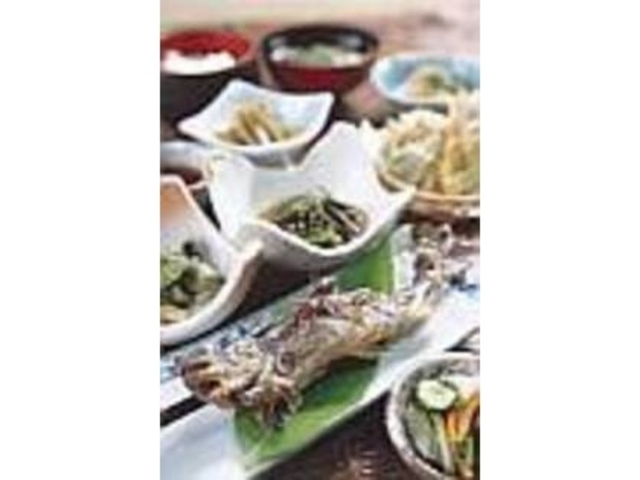 『岩魚定食』は天ぷらや小鉢など盛り沢山_裏五頭山荘
