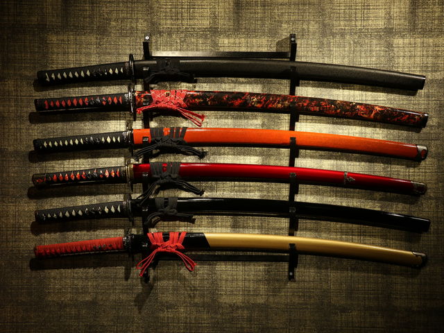 日本刀をはじめとする各種サムライグッズを展示。_戦国フォトスタジオ SAMURAI