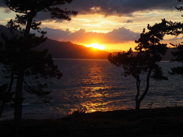 キャンプサイトから朝日が見える。_赤礁崎オートキャンプ場