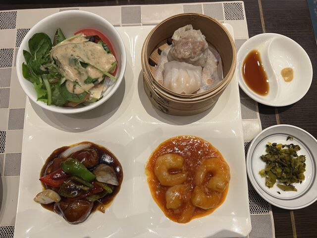 サラダ、天心2種、黒酢の酢豚、エビチリ、高菜_オークラ千葉ホテル レストランセブンシーズ