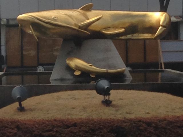 並んで泳ぐ可愛らしい鯰親子に思わず感激!_吉川駅南口 鯰モニュメント