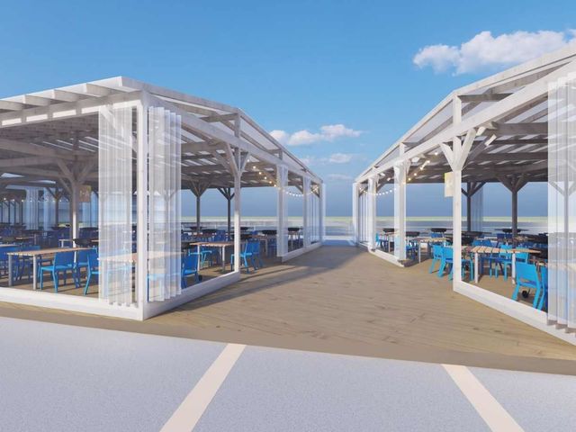 白を基調としたウッドでテラス風な空間。目の前は海。_魚太郎浜焼きバーベキュー ラグーナ蒲郡店