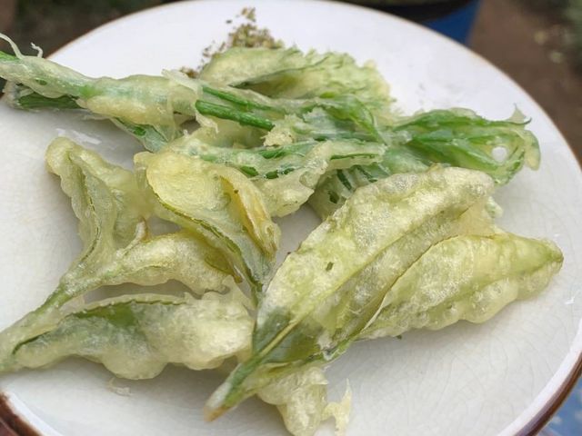茶葉や採れたて野菜の天ぷらでの喫茶もあります。茶塩をつけて召し上がって頂きます。茶塩は天ぷらの風味を引き立てます。_釜炒り茶体験コース