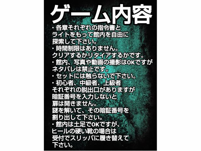 館内は全て自由探索です。
コースによってお渡しする指令書の内容が違い、装飾品の意味が変わります。
謎を解いて暗証番号を割り出して下さい。_猟奇館 日光店