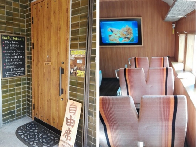 店舗の横にあります。
ドアを開けると、「車両」です(´∀`*)_駅弁かなや