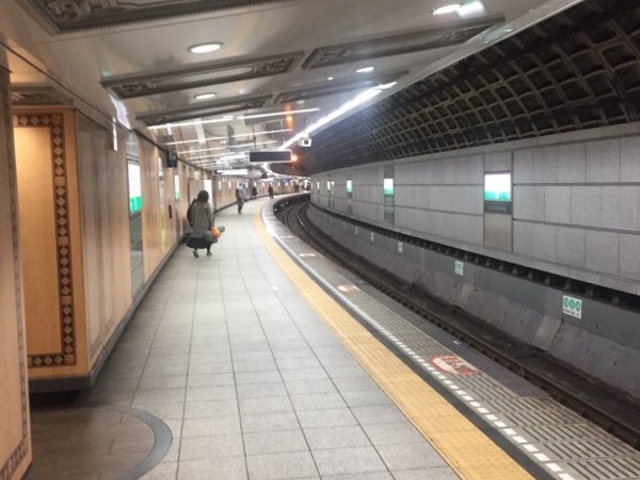 カーブしたホームです。_東京メトロ千代田線 国会議事堂前駅