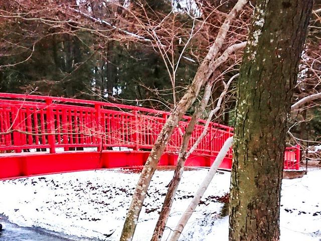 情緒ある朱塗りの橋_諏訪大社 下社春宮 浮島社