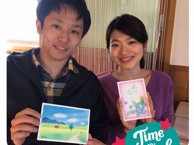 【ハガキサイズ】を体験された東京からいらした新婚さんご夫婦のお写真です。ありがとうございました♪_きままハウスパステルアート青森おいらせ教室