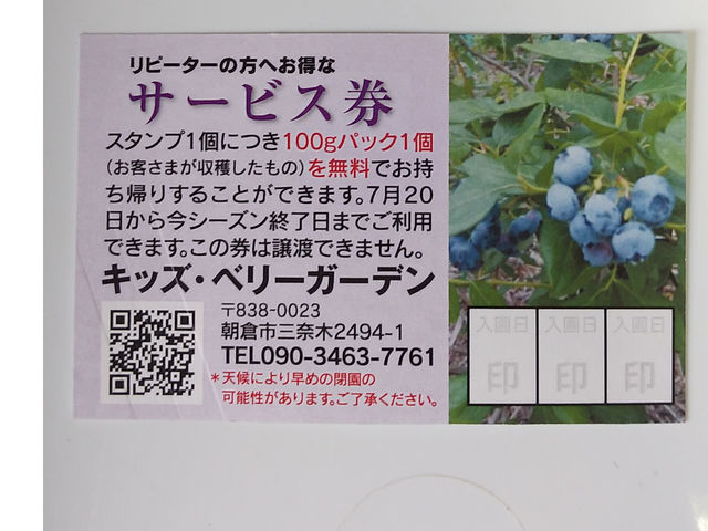 リピーターのお客様にお得なサービス券です。7月20日以降からご利用できます。ご来園事にスタンプ1個増えるのでスタンプ3個貯まると300g無料でお持ち帰りできます_キッズ・ベリーガーデン