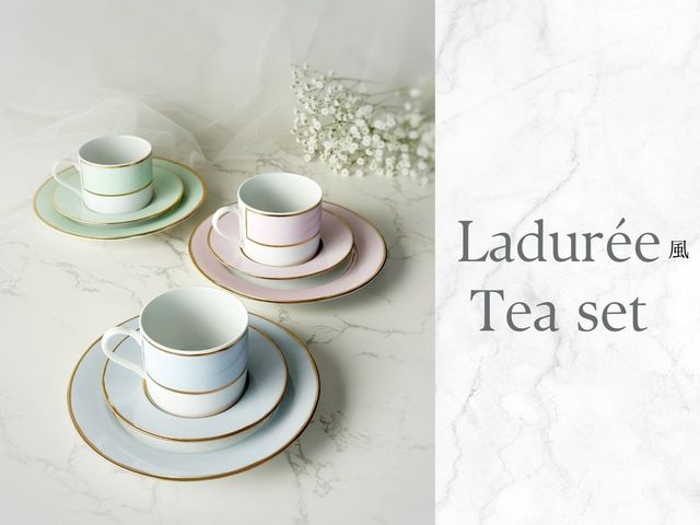 パステルカラーのコーヒーセット。パリのラデュレ風ティーセットです。_可愛い和菓子とポーセラーツ.クレイクチュール FREADIA