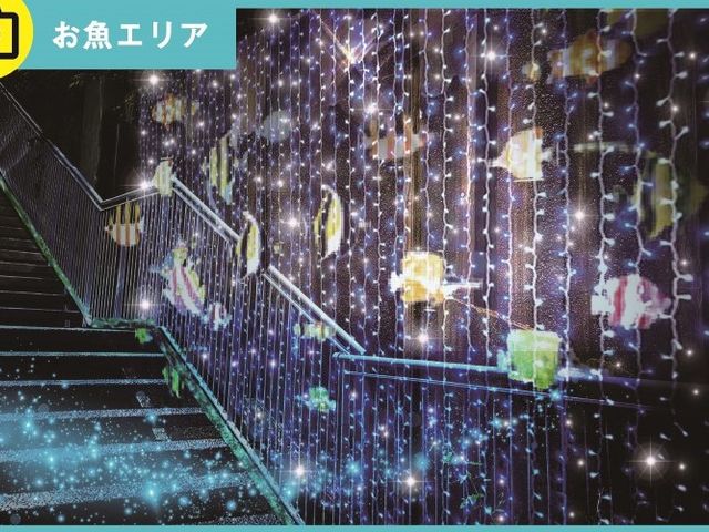 魚のイルミネーションも登場します。水の流れも美しく演出します。_アクロス福岡イルミネーション