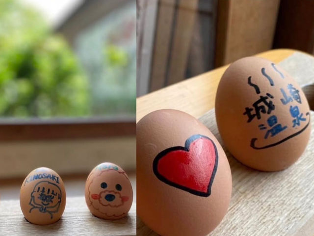 さらに!ゆでたまごに“お絵かき”もできちゃう!
茹で上がったたまごの殻には、カラーペンで自由にお絵かきOK!さらに!ゆでたまごに“お絵かき”もできちゃう!_城崎ジェラートカフェChaya