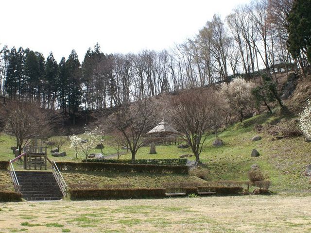 丸太の遊具が見えます_岩角農村公園