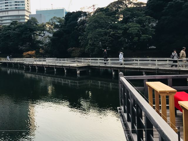 【浜離宮庭園〜お伝い橋】中島の御茶屋でお抹茶をいただきながらお伝い橋を見てます_お伝い橋(浜離宮恩賜庭園)