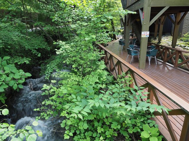 小川の横で食事 登山口店_明治亭