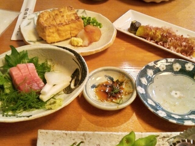 刺身、焼きナス、揚げ豆腐_たかの