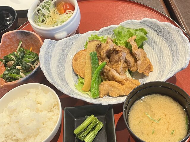 メインと小鉢2点、お漬物は野沢菜。味噌汁も出汁がしっかりとして美味しかった!これで1200円は◎_アルピコプラザホテル ナゴミザ