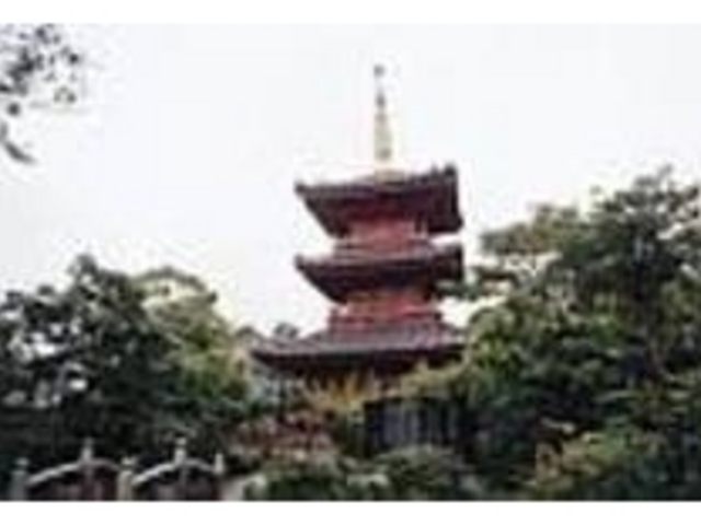 境内左側に鮮やかな朱色の塔がそびえている_豊前国分寺三重塔