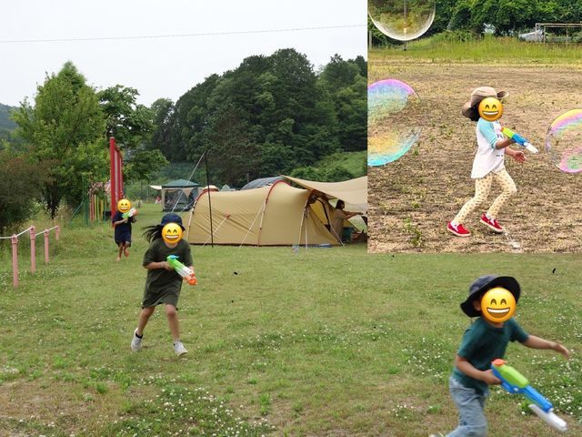 運動場では大きなしゃぼん玉つくり器や水鉄砲、ジェイボード、輪投げなどで遊べます。もちろん、ブランコ、うんてい、ジャングルジムも。_福知山 里キャンプ場