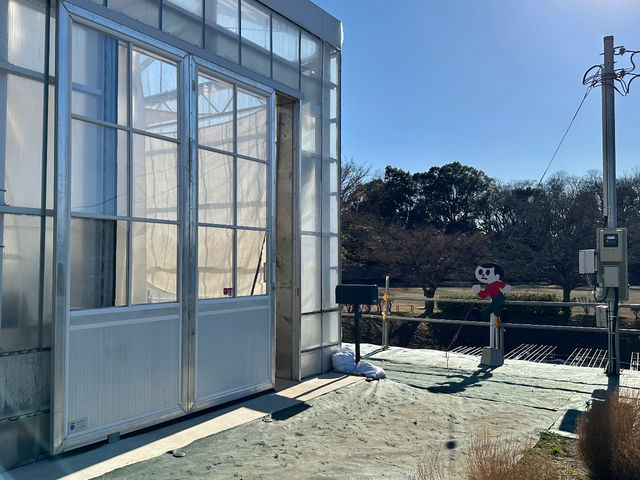 飛び出し坊やの「とび太くん」がいるところが正面出入口です。扉が重いので気をつけて開閉してください。マルハナバチが逃げないように内側には網があります。_ichigos Yokohama-イチゴス横浜