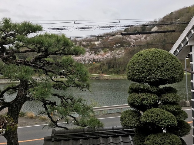 大正ロマン館2階の座敷からの眺めです。こ向こうに京都の嵐山に似ていると名付けられた嵐山と、小田川のせせらぎが見え1枚の絵のように素敵です。_大正ロマン館