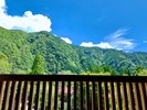 【十枚山の間】:窓からの新緑の山の景色