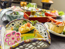 2024年5月・6月お献立の一例【焼物】目鯛明太ポテト焼・ヤングコーン土佐煮・青梅翡翠寄せ・花れんこん