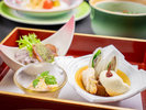 24年11・12月の一例【前菜】河豚一味焼き、干し柿白和え、ままかり千枚大根巻、帆立てとスルメ醤油和え、他