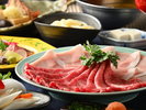 ご夕食 牛豚しゃぶしゃぶコース・金目鯛の姿煮付き(ー例) ※写真の肉・野菜・金目鯛は2名様盛りです