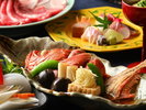 ご夕食 牛豚しゃぶしゃぶコース・金目鯛の姿煮付き(ー例) ※写真の肉・野菜・金目鯛は2名様盛りです