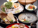 ふく刺し、唐揚げ、ちりを初めとするふくコースを堪能(刺し、ちりは2人前。イメージ)。
