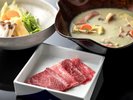 夕食一例 抹茶豆乳鍋佐賀和牛の食べ比べ(ロース&腕肉)