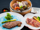 【夕食一例】「おおいた和牛」と「大分県産地鶏豊のしゃも」は九州を代表するお肉です。
