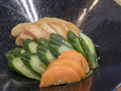 朝食バイキング一例(大山さんちの漬物各種)