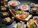 但馬美食めぐり例:ブランド但馬牛しゃぶ、ブランド八鹿豚陶板焼き、活鮑踊り焼き船盛りなど(1部2人前)