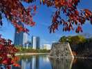 紅葉の大阪城お堀から望むホテル