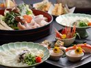 朝来トラフグフルコース例:朝来市内の陸上養殖のトラフグを使用したてっちりてっさ、から揚げ、フグ雑炊