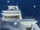 雪が降るかみのやま城。この季節ならではの静かで幻想的な写真が撮影できる人気スポット。