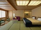 【北の丸◆蔵王側〇和室ベッド客室】畳のお部屋にベッド2台、椅子・テーブルを備えた快適な空間です。