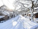 冬の朝は、雪がたっぷり積もっていることも!※車でお越しの際は、スタッドレスorチェーンの装着が必須です