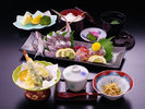 夕食付プラン:博多屋御膳C *アジ刺し・天ぷら・茶碗蒸し・小鉢・汁物・ご飯・香の物・デザート