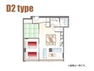 【デラックスルーム2間取り一例】2LDK・最大6名までご宿泊可能な和洋室。(ミニキッチン・洗濯機あり)