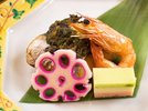 2026年3月4月《お献立一例》焼物:鰆のふき味噌焼き 有頭海老・三色チーズ博多・花蓮根添え♪