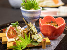 2026年5月6月《お献立一例》前菜:玉子豆腐 刻み鰻、浅利バジル焼、北寄貝マスタード和え、サーモン真砂 他