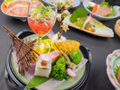 2026年3月4月《お献立一例》前菜 :白魚酒煮 蕗と白滝梅酢漬、菜の花辛子漬、浅利バジル焼、筍発芽玄米揚♪
