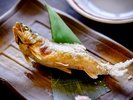 春の夕食:岩魚や鮎をご用意しております。