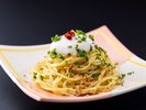 【ランチ】ペペロンチーノ糸島卵の温泉卵添え