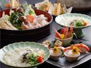 新登場の但馬トラフグ会席例:てっちり、てっさ、から揚げ、フグ雑炊、前菜1部2人前