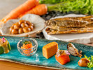 【土地の恵み会席】春(2026年3月〜5月)先付け&酒 菜 ・よもぎ豆腐 ・人参カステラ・筍真砂子和え